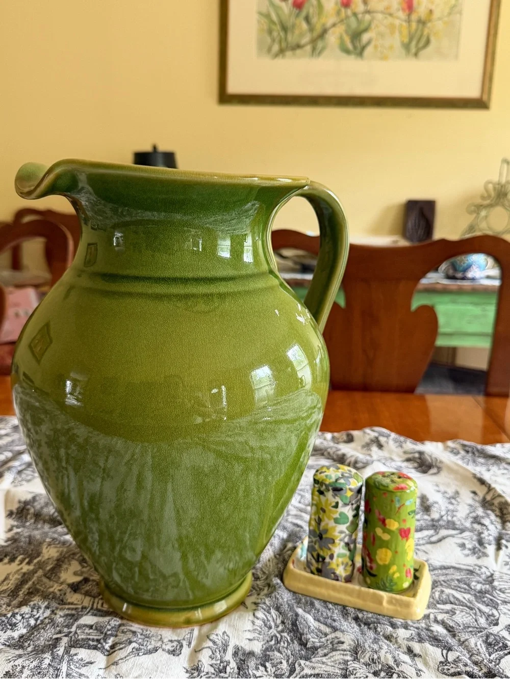 Vintage Italian Olive Green glazed ceramic pitcher vase